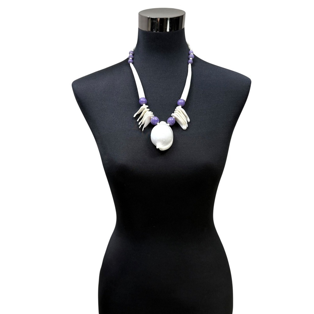 Sea Shell Statement Necklace Purple Beads Boho Costume Fashion Jewelry 13.5 in L